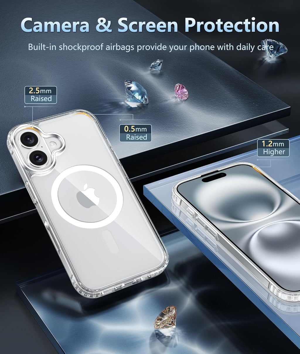 FNTCASE for iPhone 16 Case Clear: Magnetic Phone Cases with Screen Protector Drop Proof Compatible with Magsafe Slim Anti Yellowing Rugged Shockproof Protective Transparent Cell Cover (A-Clear)