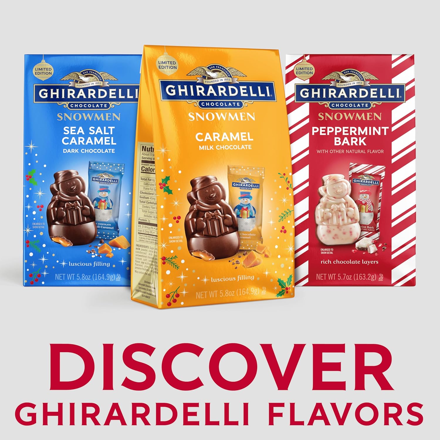 GHIRARDELLI Milk Chocolate Caramel Snowmen, 5.8 oz Bag Premium Holiday Chocolate Candy Individually Wrapped