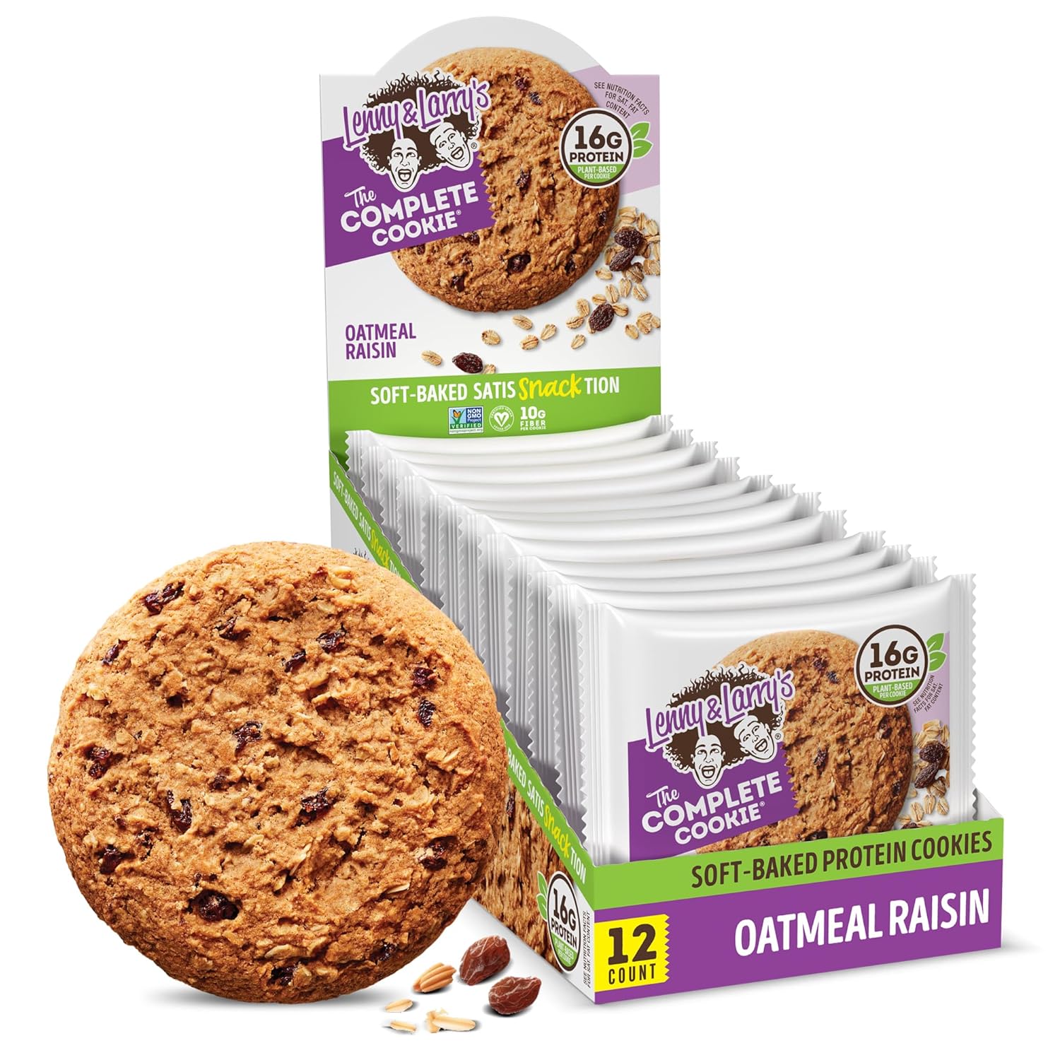 Lenny & Larry's Complete Protein Cookie, [Oatmeal Raisin], Chewy Soft Baked, 16g Plant Protein, Vegan, Non-GMO, High Fiber, [4 Ounce] Cookie (Pack of 12)