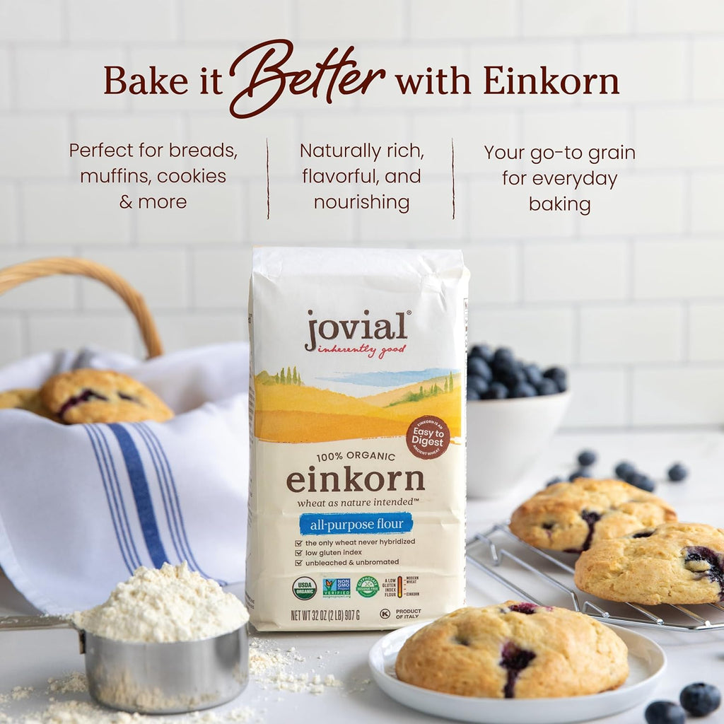 Jovial Organic Einkorn Unbleached All Purpose Flour - Bread Baking Flour for Sourdough, High Protein, Non-GMO, Organic Pizza & Pasta, European Italian, Glyphosate Free - 32 Oz