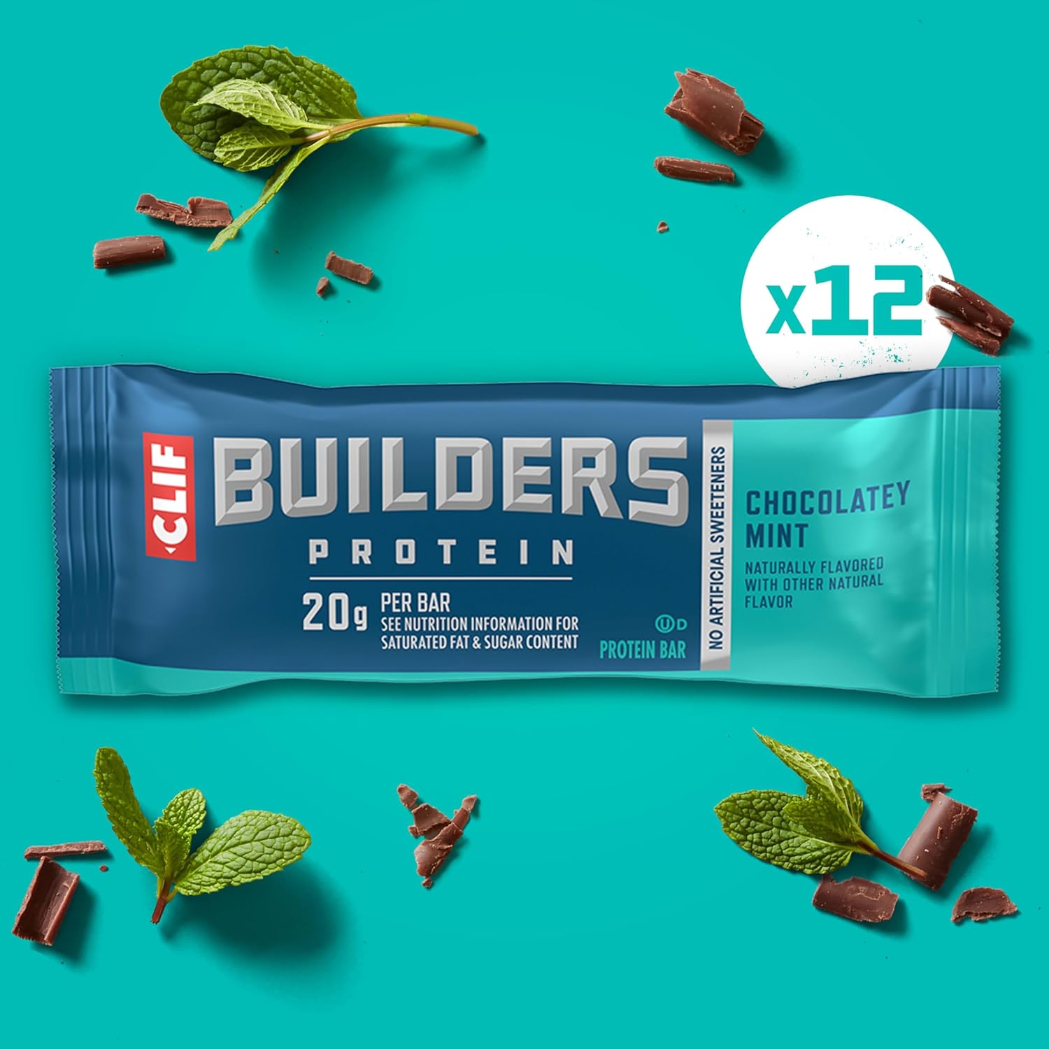 CLIF BUILDERS Protein Bars - Chocolatey Mint - 20g Plant Based Protein - Gluten Free - Non-GMO - Low Glycemic - No Artificial Sweeteners - 2.4 oz. (12 Pack)