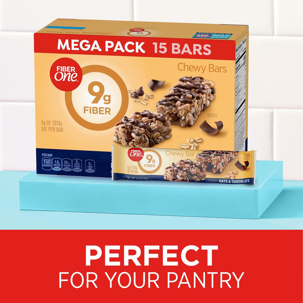 Fiber One Chewy Bars, Oats and Chocolate, Fiber Snacks, Mega Pack, 15 Ct, 21.2 oz