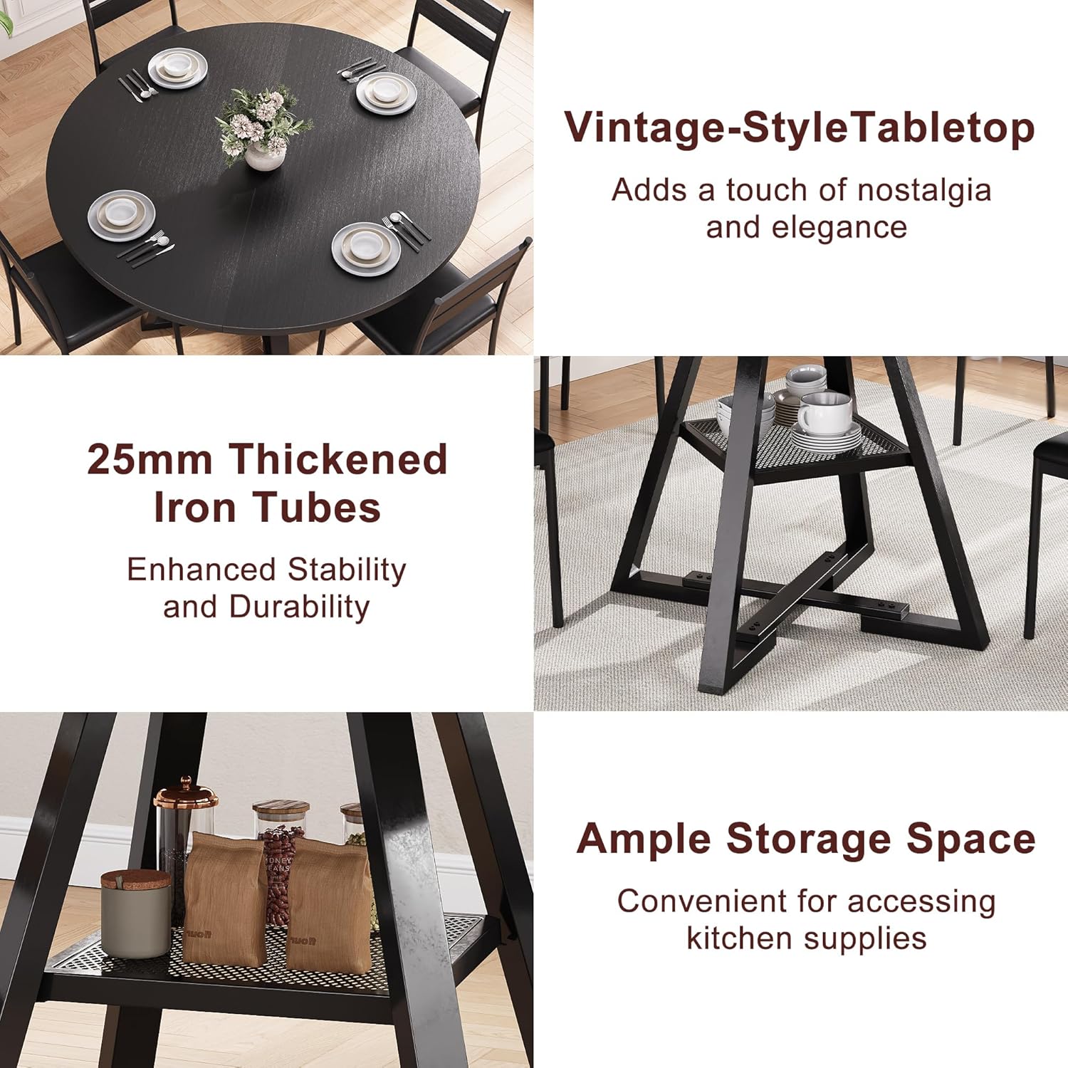 Round Dining Table for 4,Kitchen Dining Room Circle Dinner Pedestal Table,Space Saving Wood Kitchen & Dining Room Furniture (Black, 47In)