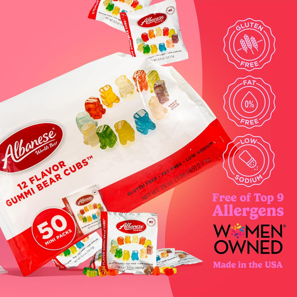 Albanese World's Best 12 Flavor Gummi Bear Cubs | 50-0.5oz Snack Packs of Candy | Miniature, Individually Wrapped, Soft Gummy |Cherry, Blue Raspberry, and More | Perfect for Kid's Classroom Parties
