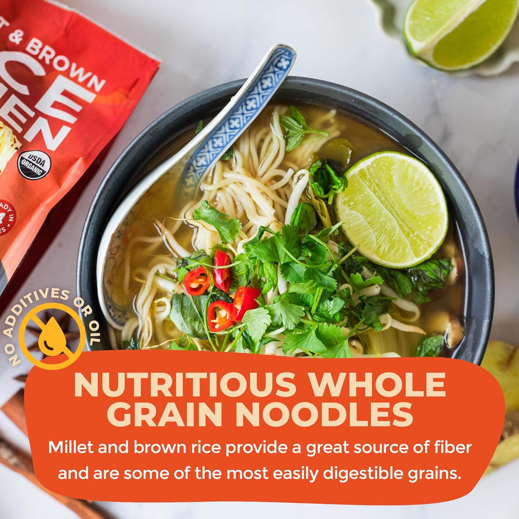 Lotus Foods Organic Millet and Brown Rice Ramen Noodles - Gluten Free Instant Ramen Noodles, Vegan, Low Sodium, Made with Brown Rice Flour and Millet Flour, Ready in 4 Minutes - 10 Oz Bag (Pack of 1)