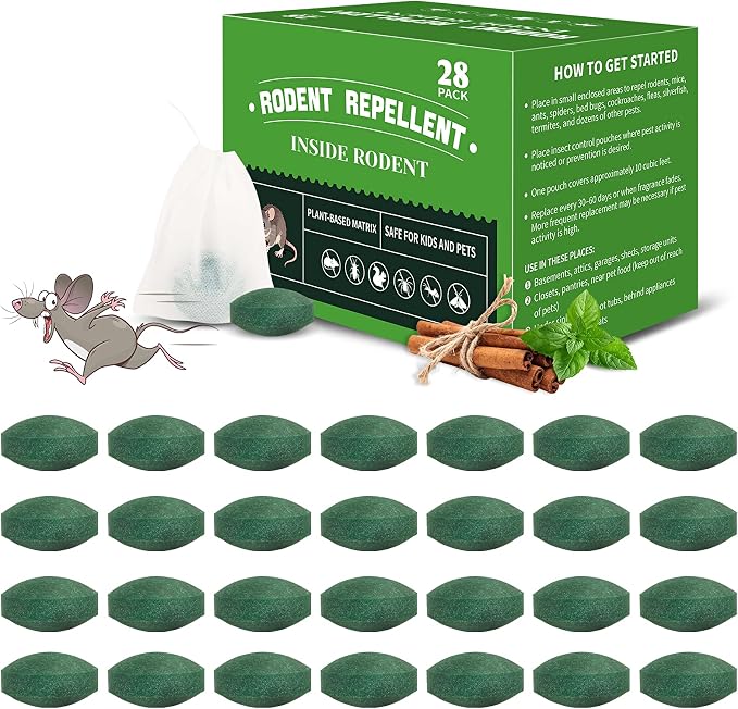 28 Pack Mouse Repellent Tablets, Powerful Peppermint Oil Mice Repellent | Suitable for Indoor & Outdoor Use, Cars, Home, Kitchen, Garage, Suitable for Family and Pets