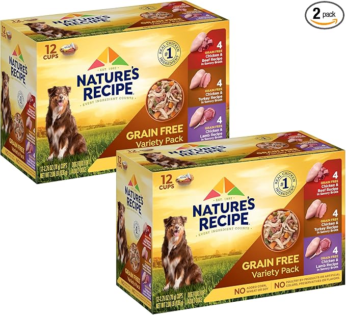Nature's Recipe Grain Free Wet Dog Food Variety Pack, Chicken Recipes with Beef, Turkey & Lamb in Savory Broth, 2.75 oz. Cups (Pack of 12), 2 Count