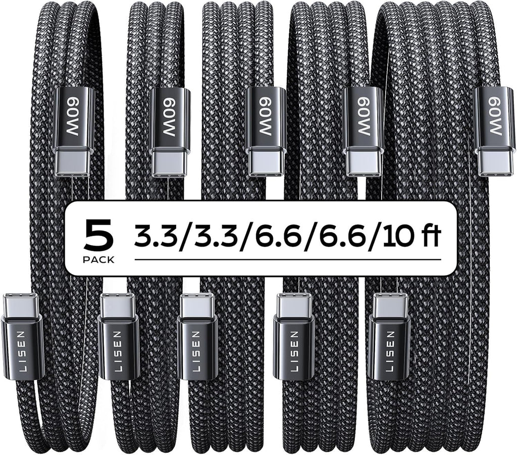 LISEN USB C to USB C Cable, 5-Pack [3.3/3.3/6.6/6.6/10FT] for iPhone 17 Charger Cord, 60W C to C Cable Fast Charging for iPad, iPhone 17 Air 16 15 Pro Max, Samsung Z Flip 7/S25/S24 USBC to USBC Cable