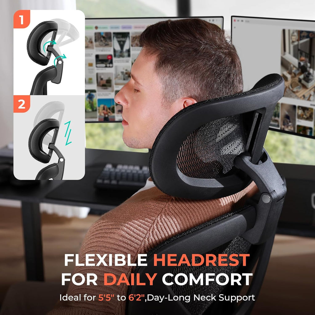 CAPOT Ergonomic Mesh Office Chair, Adjustable Lumbar High Back Desk Chair 400lbs, 4D Flip-up Arms, 3 Tilt Backrest, 3D Headrest, PU Wheels, Swivel Rolling Computer Chair for Long Desk Work - Black