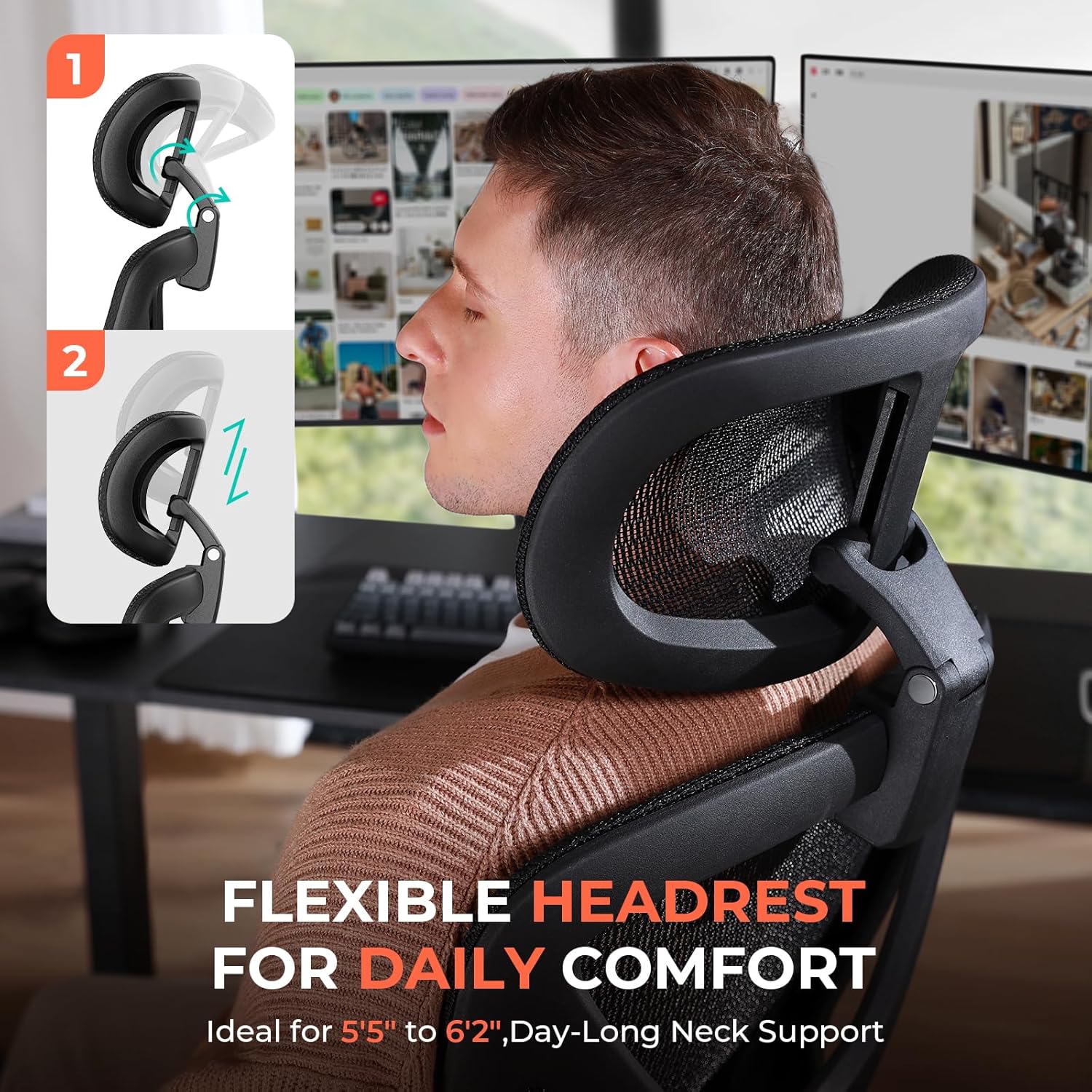 CAPOT Ergonomic Mesh Office Chair, Adjustable Lumbar High Back Desk Chair 400lbs, 4D Flip-up Arms, 3 Tilt Backrest, 3D Headrest, PU Wheels, Swivel Rolling Computer Chair for Long Desk Work - Black