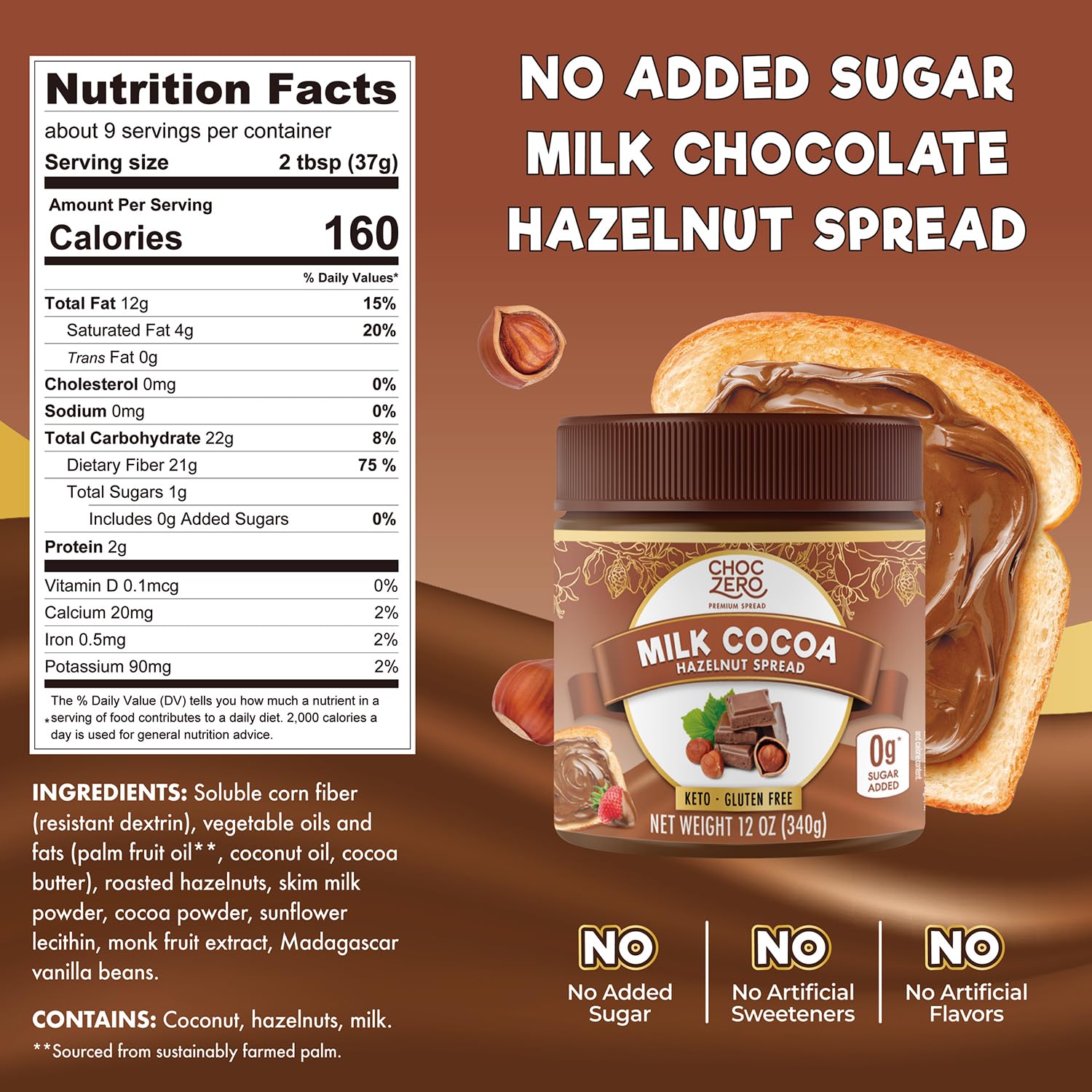 ChocZero Milk Chocolate Hazelnut Spread - No Added Sugar, Keto Friendly Low-Carb Chocolate Hazelnut Dessert & Bread Topping, Gluten Free, High Fiber, 12 oz Jar
