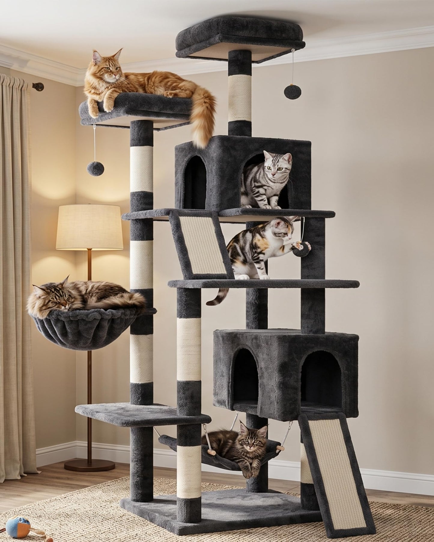 Gitelsnour Cat Tree for Indoor Cats, 71'' (180cm) Multi-Level Cat Tower for Large Adult, Sturdy Cat Tree House with 2 Scratching Boards 7 Posts, 2 Plush Perches/Condos, Hammock, Smoky Gray GCT032G