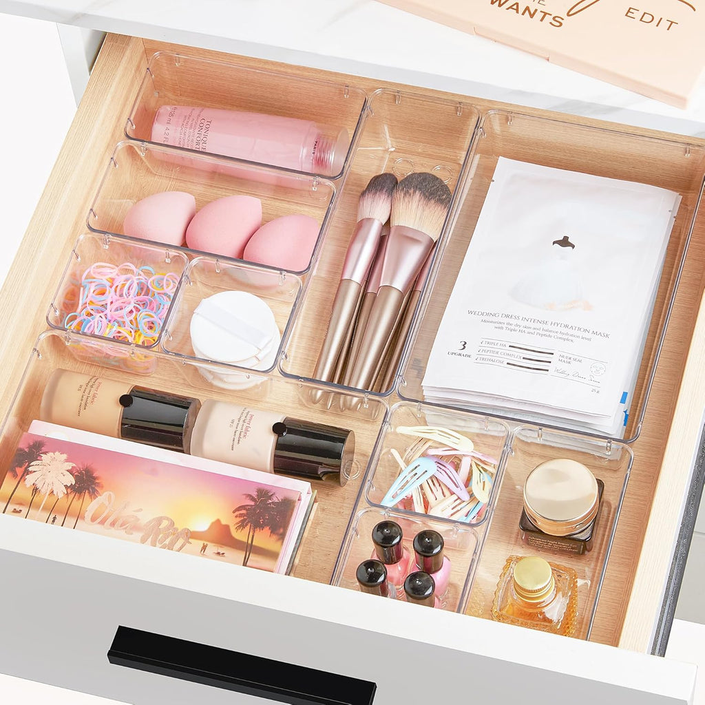 Vtopmart 25-Piece Clear Plastic Drawer Organizer Set – 4 Size Non-Slip Storage Bins for Bathroom, Kitchen, Makeup, Vanity & Office Drawers