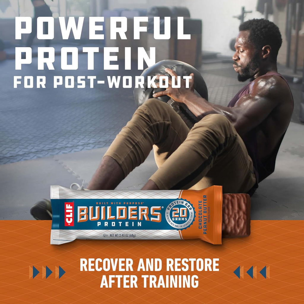 CLIF BUILDERS Protein Bars - Chocolate Peanut Butter Flavor - 20g Plant Based Protein - Gluten Free - Non-GMO - Low Glycemic - No Artificial Sweeteners - Value Pack, 2.4 oz. (12 Count)