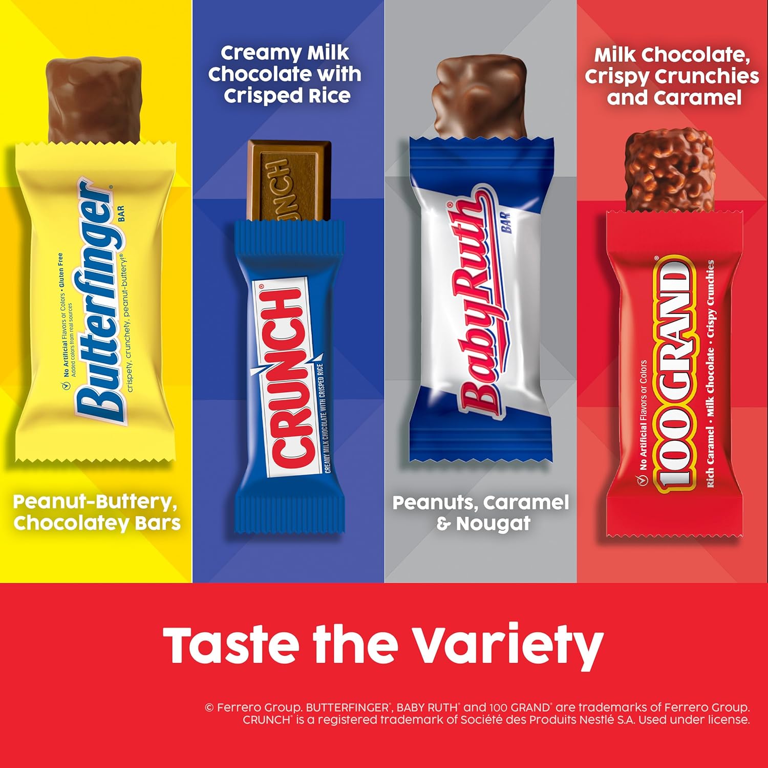 Butterfinger, CRUNCH, Baby Ruth, 100 Grand Fun Size Assorted Candy Bars, Great for Sharing, Bulk 60 Count Pack, 37.2 oz