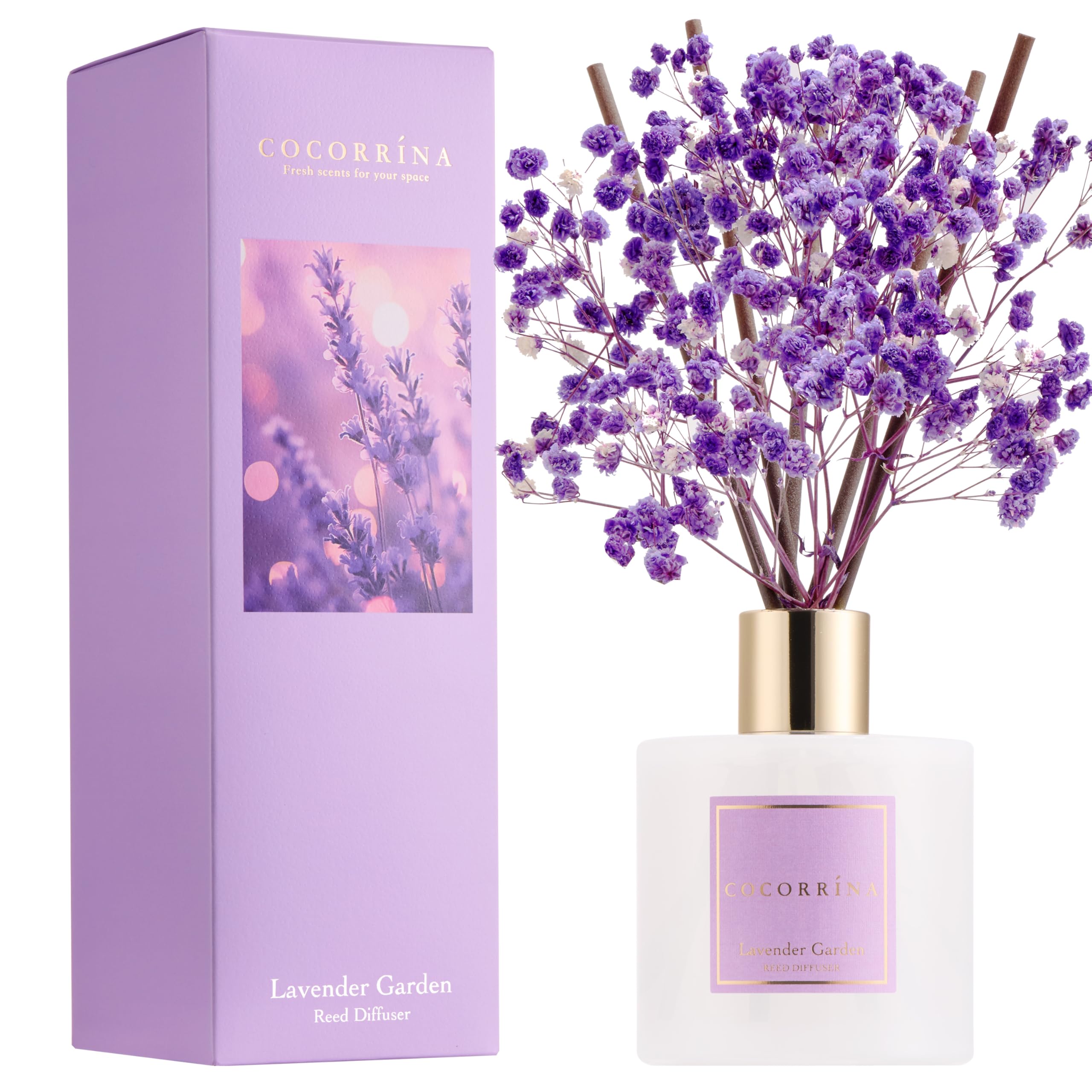 Reed Diffuser - Lavender Garden 6.7 Fl.oz Reed Diffuser Set with Sticks & Preserved Baby's Breath, Reed Diffuser for Home Bathroom Shelf Decor