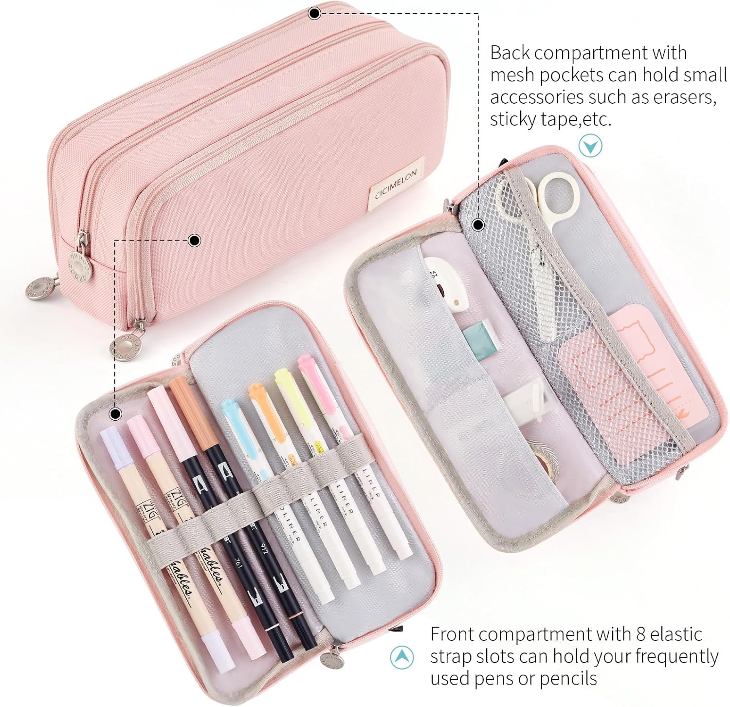 CICIMELON Large Capacity Pencil Case 3 Compartment Pouch Pen Bag for School Teen Girl Boy Men Women (Pink)