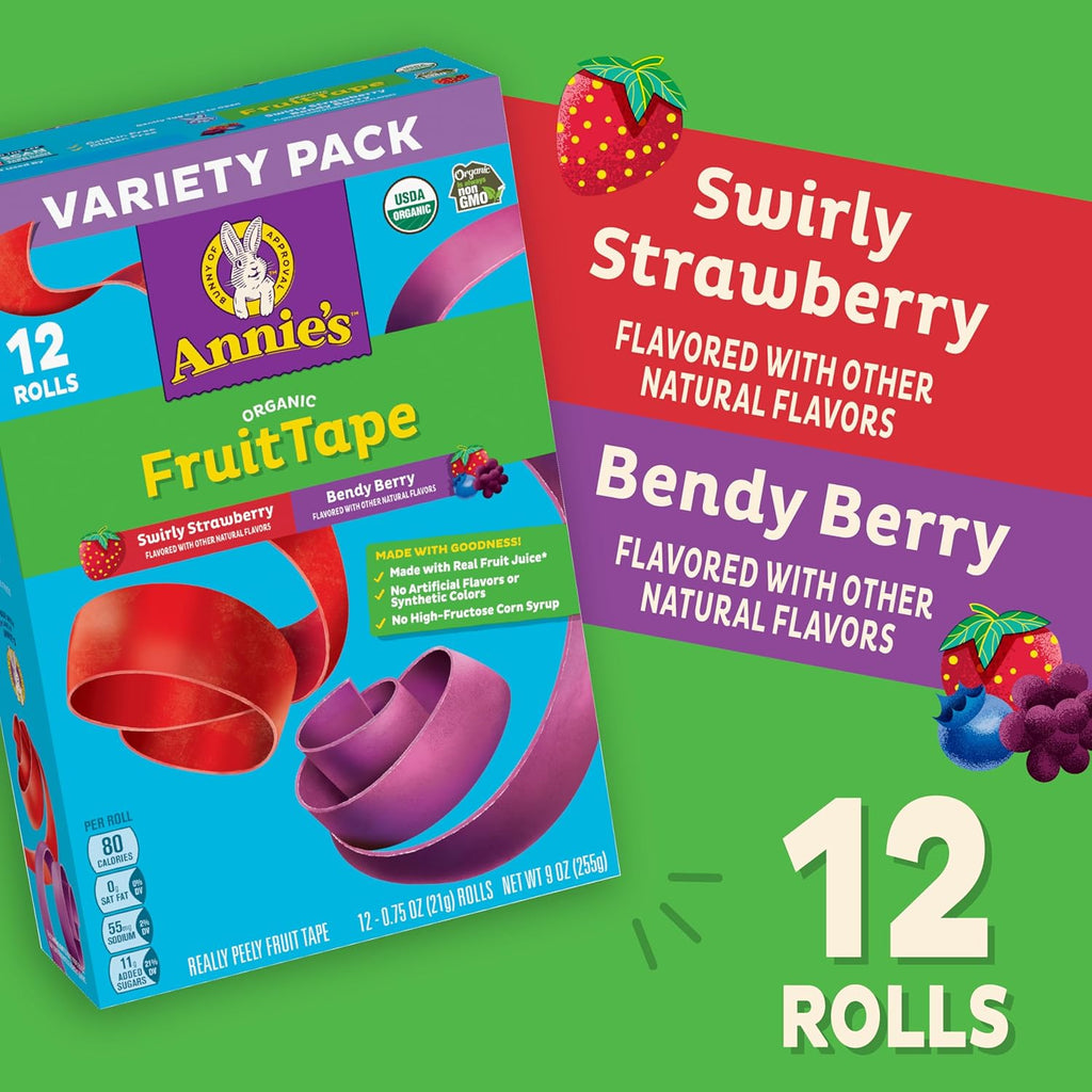Annie's Organic Fruit Tape, Swirly Strawberry and Bendy Berry, Gluten Free, Variety Pack, 12 Rolls, 9 oz