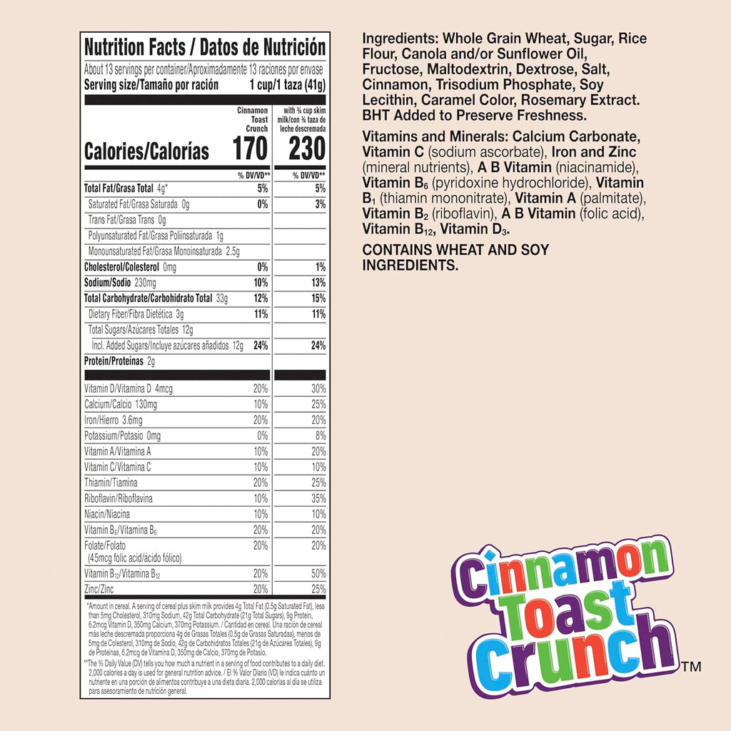 Cinnamon Toast Crunch Breakfast Cereal, Crispy Cinnamon Cereal, Family Size, 18.8 oz