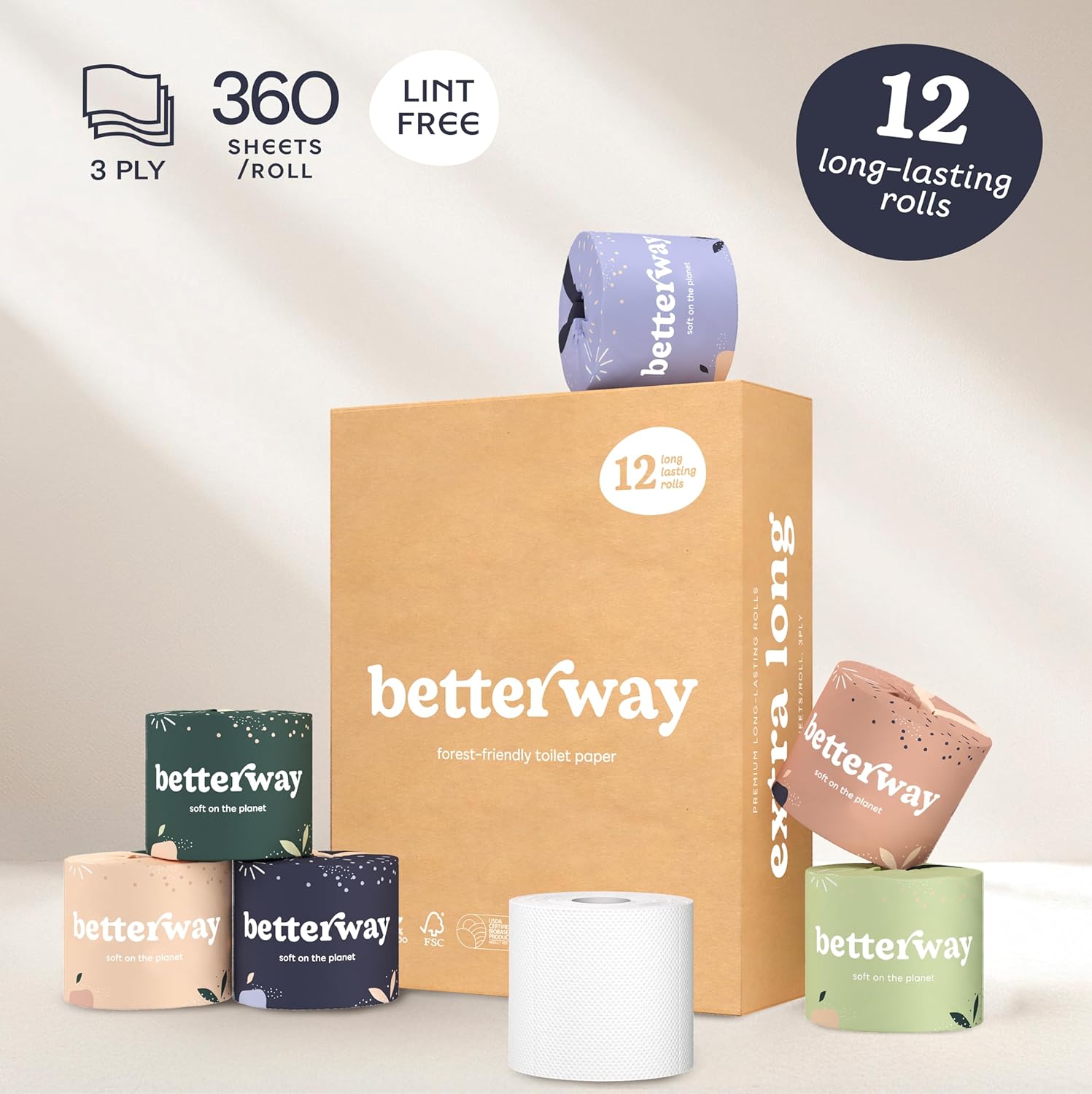 Betterway Bamboo Toilet Paper 3 Ply - Sustainable Toilet Tissue - 12 Double Rolls & 360 Sheets Per Roll - Septic Safe - Organic, Plastic Free - FSC Certified