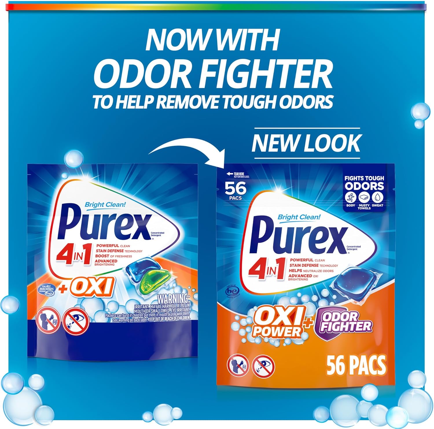 Purex 4-in-1 Oxi Power + Odor Fighter Laundry Detergent Pacs, Fresh Morning Burst, 56 Count