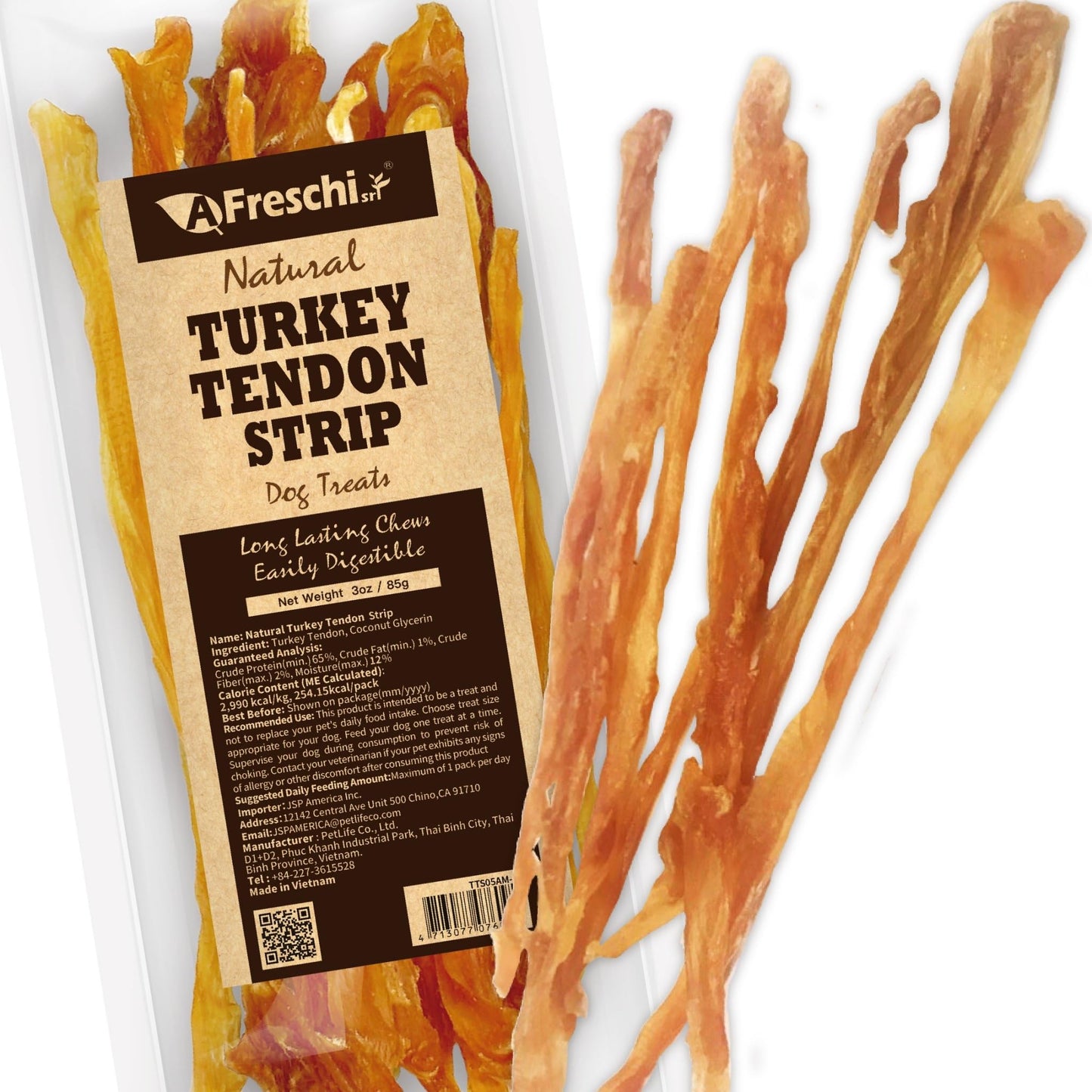 A Freschi srl Turkey Tendons for Dogs, USA-Sourced Human Grade, Rawhide-Free Long-Lasting Puppy Chews, All Natural Hypoallergenic Dog Treats for Small Breeds, Strips, 3oz Pack