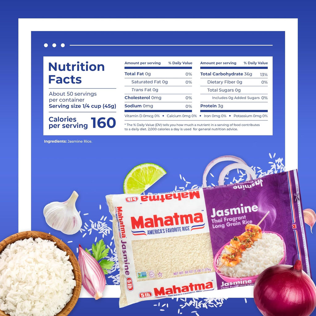 Mahatma Jasmine Rice, 80-Ounce Bag of Rice, Thai, Indian, or Cambodian Fragrant Flavored Rice, Stovetop or Microwave