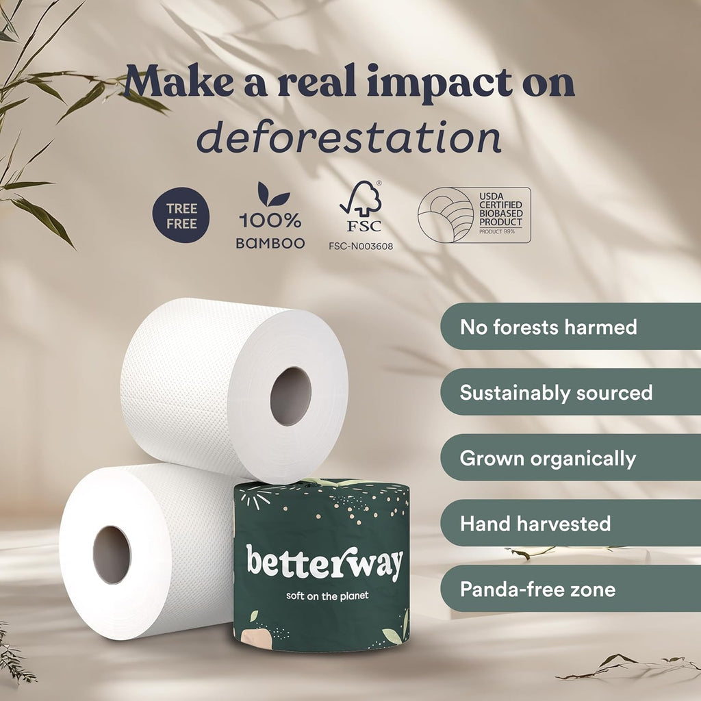 Betterway Bamboo Toilet Paper 3 Ply - Sustainable Toilet Tissue - 12 Double Rolls & 360 Sheets Per Roll - Septic Safe - Organic, Plastic Free - FSC Certified