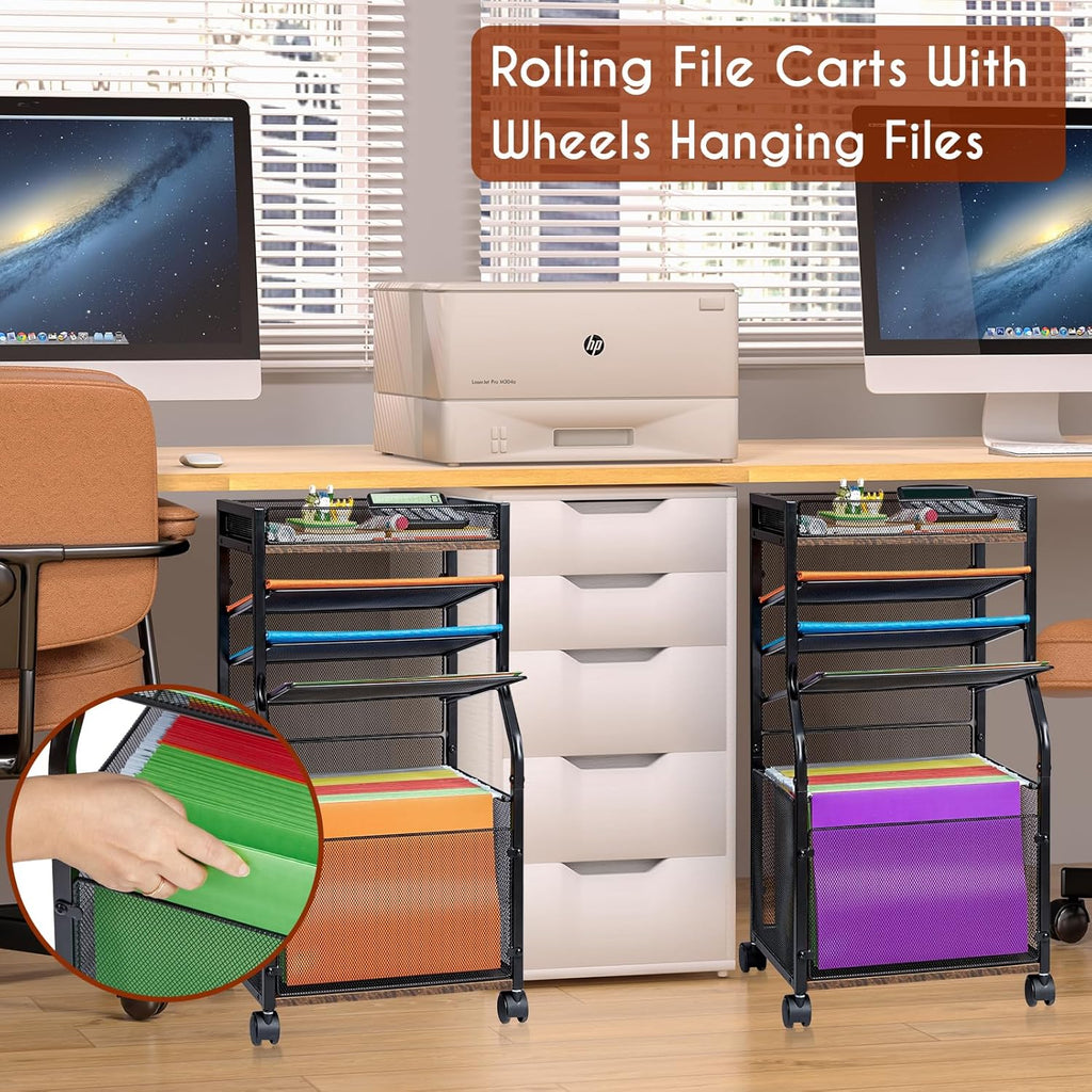 5-Tier Rolling File Cart with Hanging File Folders, Mobile Desk File Organizer on Lockable Wheels, Wood & Mesh Paper Letter Sliding Trays Organization for Office, Home, School, Patent