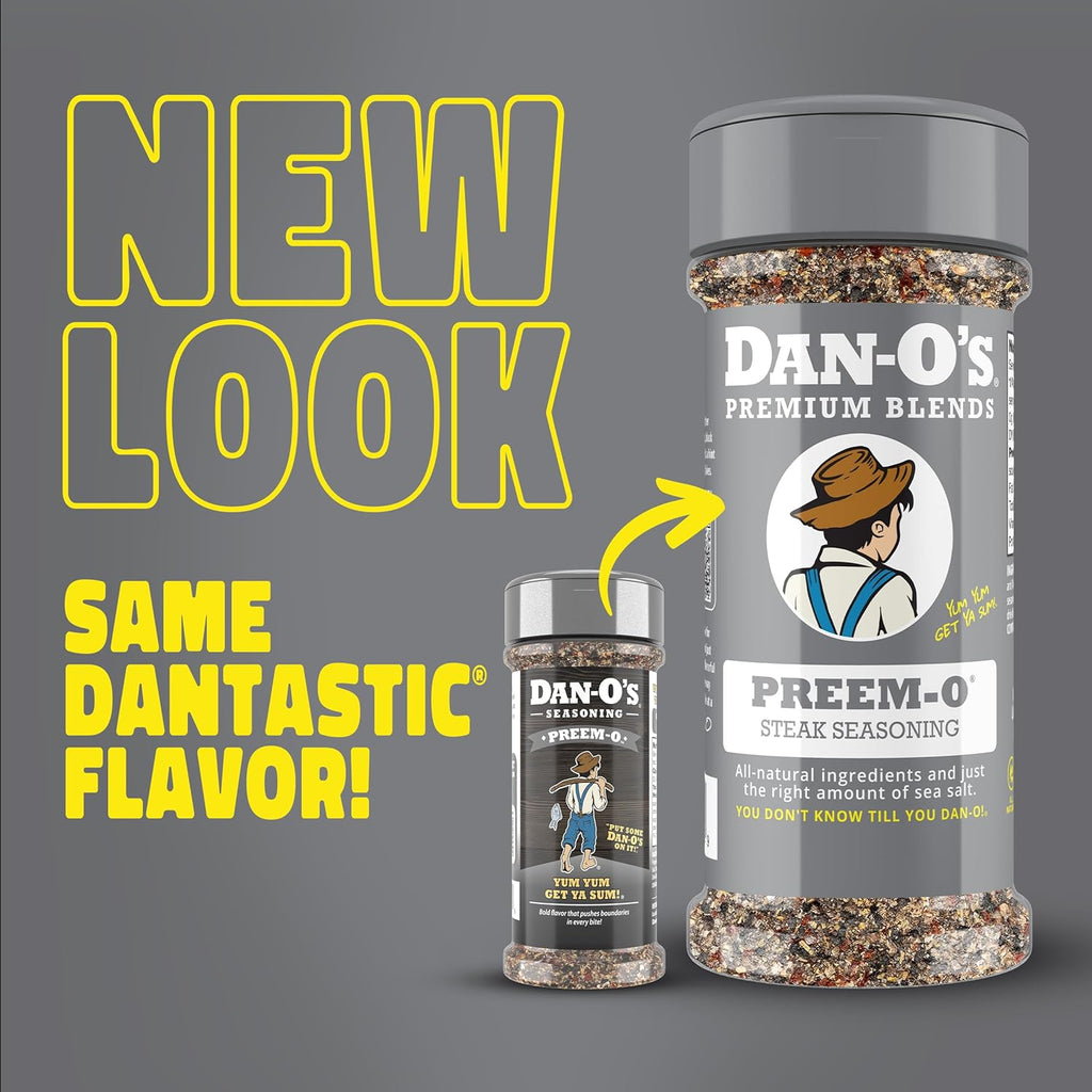 Dan-O's Preem-O Seasoning, 2.5 oz Bottle, Meat Seasoning for Steak, Ribs, Chicken, Brisket and More, Sugar Free, Zero Calorie, Use this Spice Blend to Craft a Marinade, Dry Rub or Sauce