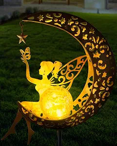 Vuees Solar Fairy Moon Garden Stake Light, Outdoor Yard Patio Decor Gift | Auto dusk glow; no wiring; rust-resistant metal; warm patterned reflections; pathway, lawn and backyard accent