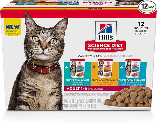 Hill's Science Diet Adult 1-6 Wet Cat Food Variety Pack, Chicken, Tuna, & Ocean Fish, 2.8 oz. Pouches, 12-Pack