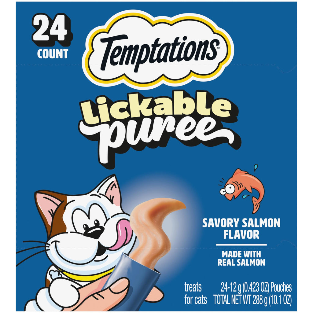 Temptations Creamy Puree Squeezable Lickable Cat Treats, Wet Cat Treats with Salmon, 0.42 oz. Tubes, 24 Count - Packaging May Vary
