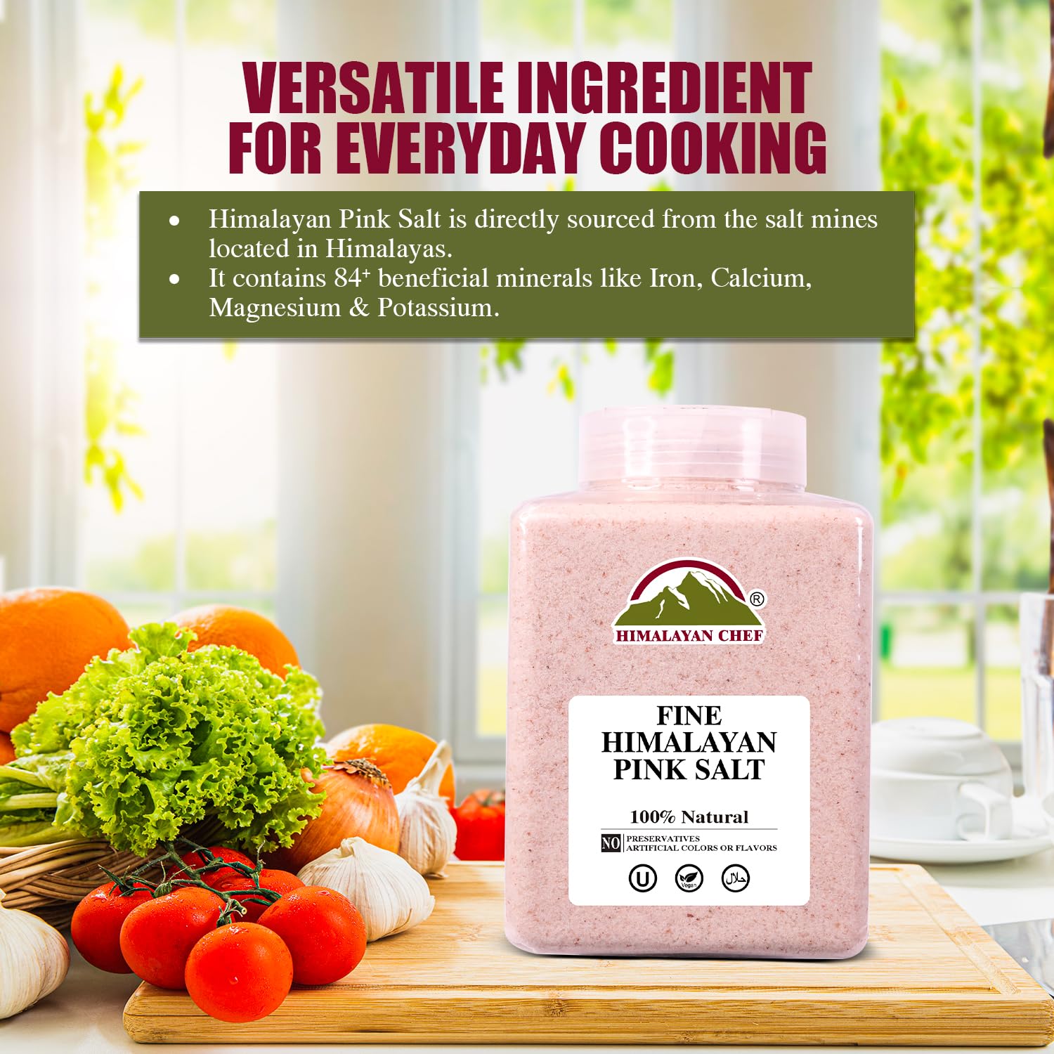 Himalayan Chef Pink Himalayan Salt Fine Grain, 5 lbs Plastic Jar - Pure, Natural, Kosher, Non-GMO, Mineral-Rich, for Cooking, Seasoning, Baking, Table Use