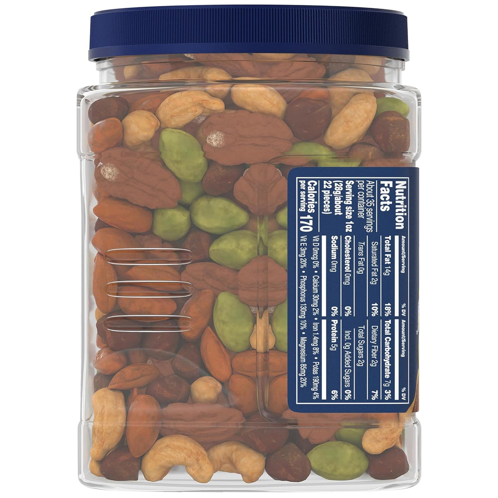 PLANTERS Unsalted Premium Nuts 34.5 oz Resealable Container- Contains Roasted California Pistachios, Cashews, Almonds, Hazelnuts & Pecans - No Artificial Flavors or Colors