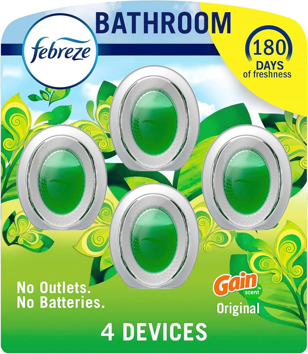 Febreze Bathroom Air Freshener, Odor-Fighting, Plug-In Alternative, Air Fresheners for Home, Bathroom and Kitchen, Closet, Pet & Litter Box Odor Fighter, Gain Original Scent, Multicolor, 4 Count