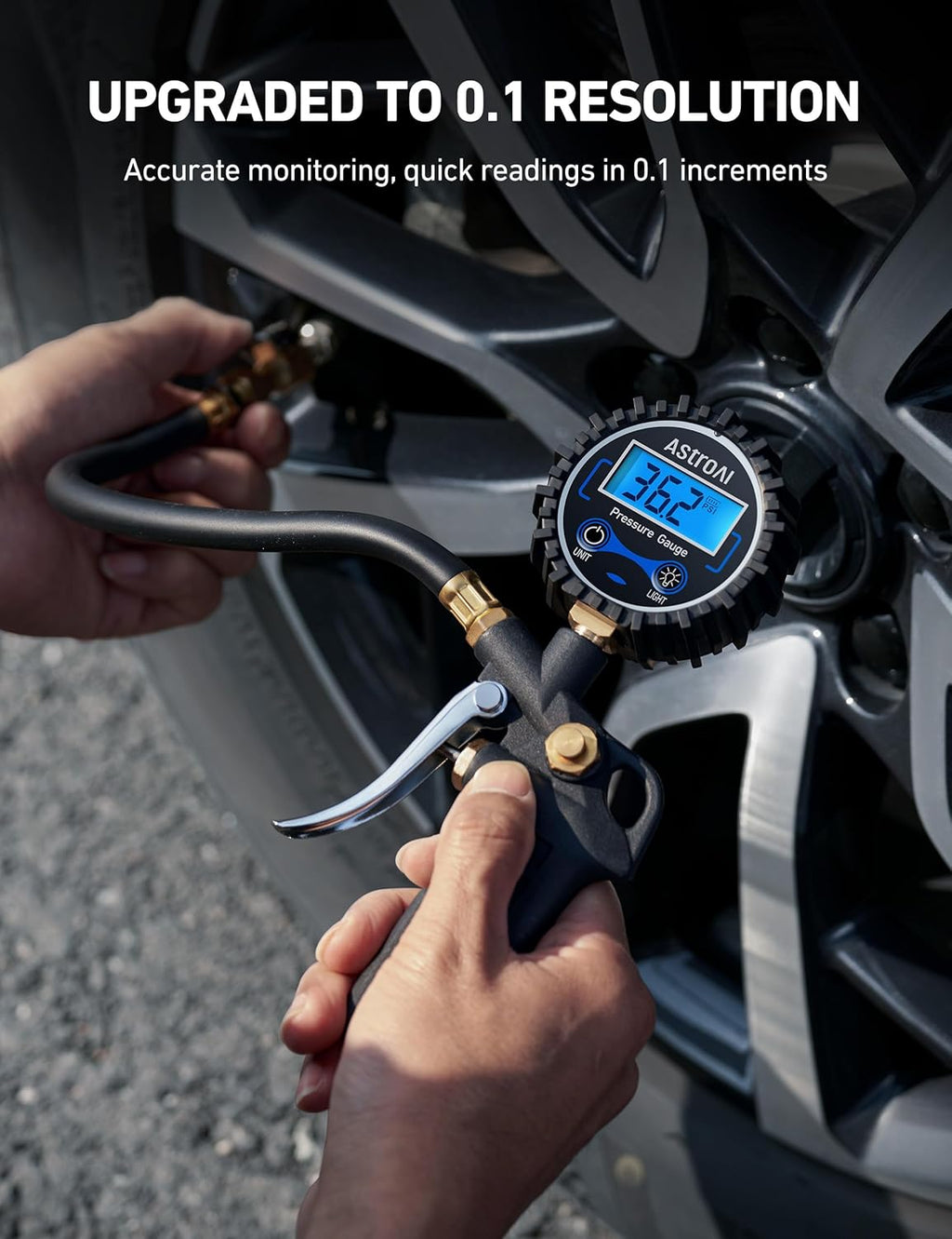 AstroAI Digital Tire Pressure Gauge with Inflator, 3-250 PSI Air Chuck & Compressor Accessories Heavy Duty with Quick Connect Coupler, 0.1 Display Resolution, 1pack
