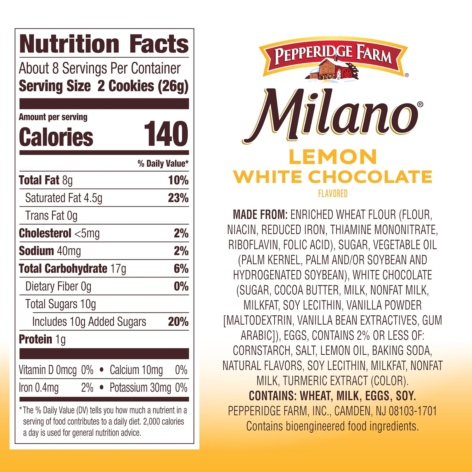 Pepperidge Farm Milano White Chocolate Lemon Flavored Cookies, 7 Oz Bag