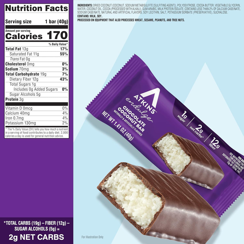 Atkins Endulge Chocolate Coconut Flavored Snack Bar, 1g Sugar, 12g Fiber, Low Sugar Snack, High Fiber Bars, Keto Friendly Treat, 16 Count
