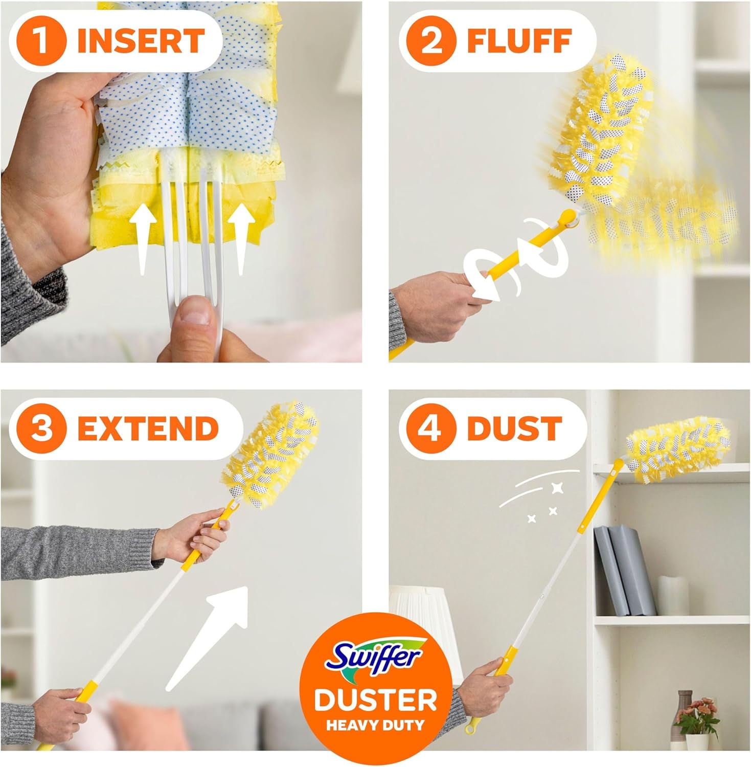Swiffer Duster Heavy Duty Dusting Kit, Cleaning Supplies, 3 ft Extended Handle, 1 Duster, 12 Refills