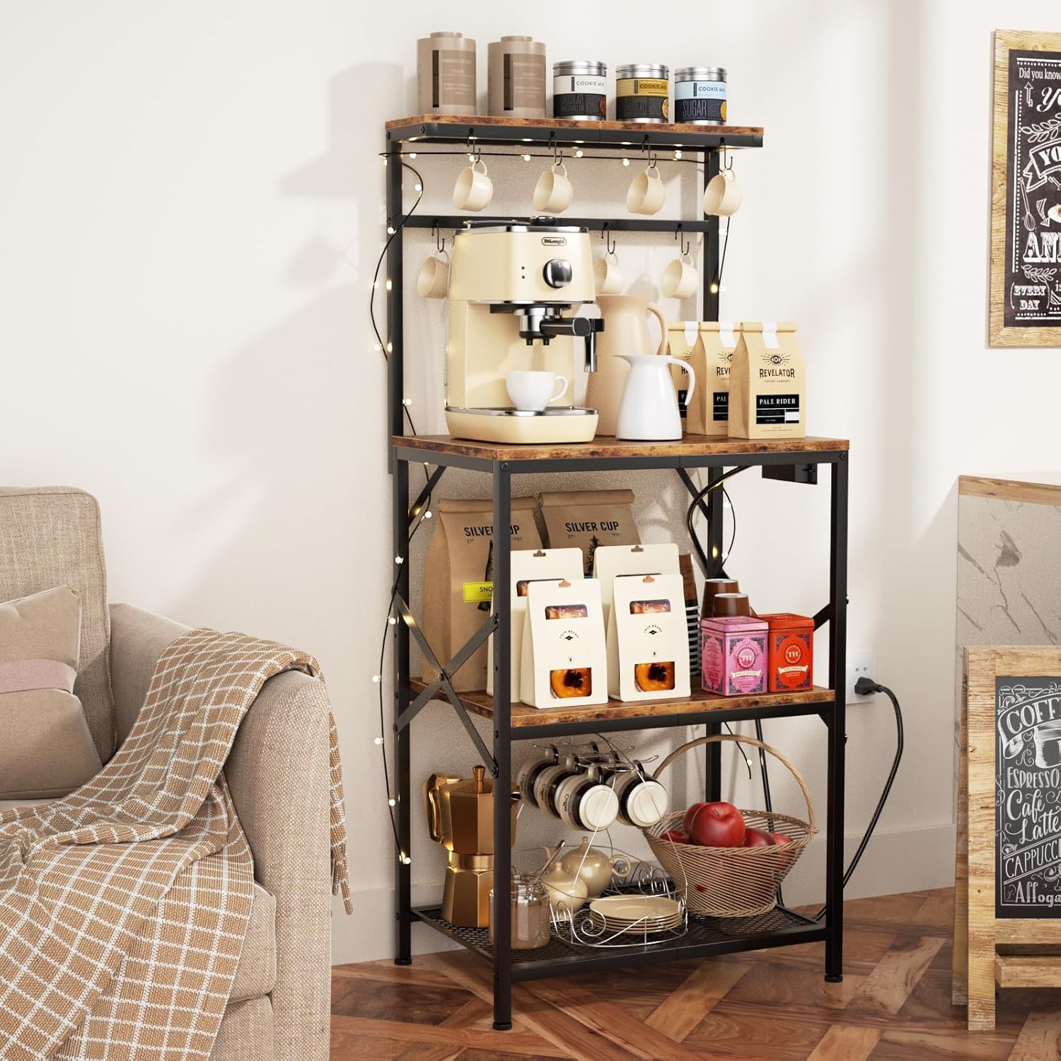 Kitchen Bakers Rack with Power Outlet, Small Coffee Bar Cart 4 Tiers, Microwave Stand Station with 8 S Hooks, Adjustable Shelf, Freestanding Kitchen Appliance Organizer, Rustic Brown