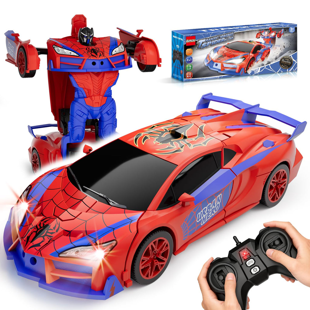 Qumcou Spider Toys, One-Button Transform Superhero Remote Control Car, 2.4Ghz RC Cars, 360° Spin 1:16 Scale Car Toys, Shining Red and Blue Light, Birthday Gifts for 3 4 5 6 7 8 9 10 Years Old Boys