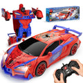 Qumcou Spider Toys, One-Button Transform Superhero Remote Control Car, 2.4Ghz RC Cars, 360° Spin 1:16 Scale Car Toys, Shining Red and Blue Light, Birthday Gifts for 3 4 5 6 7 8 9 10 Years Old Boys