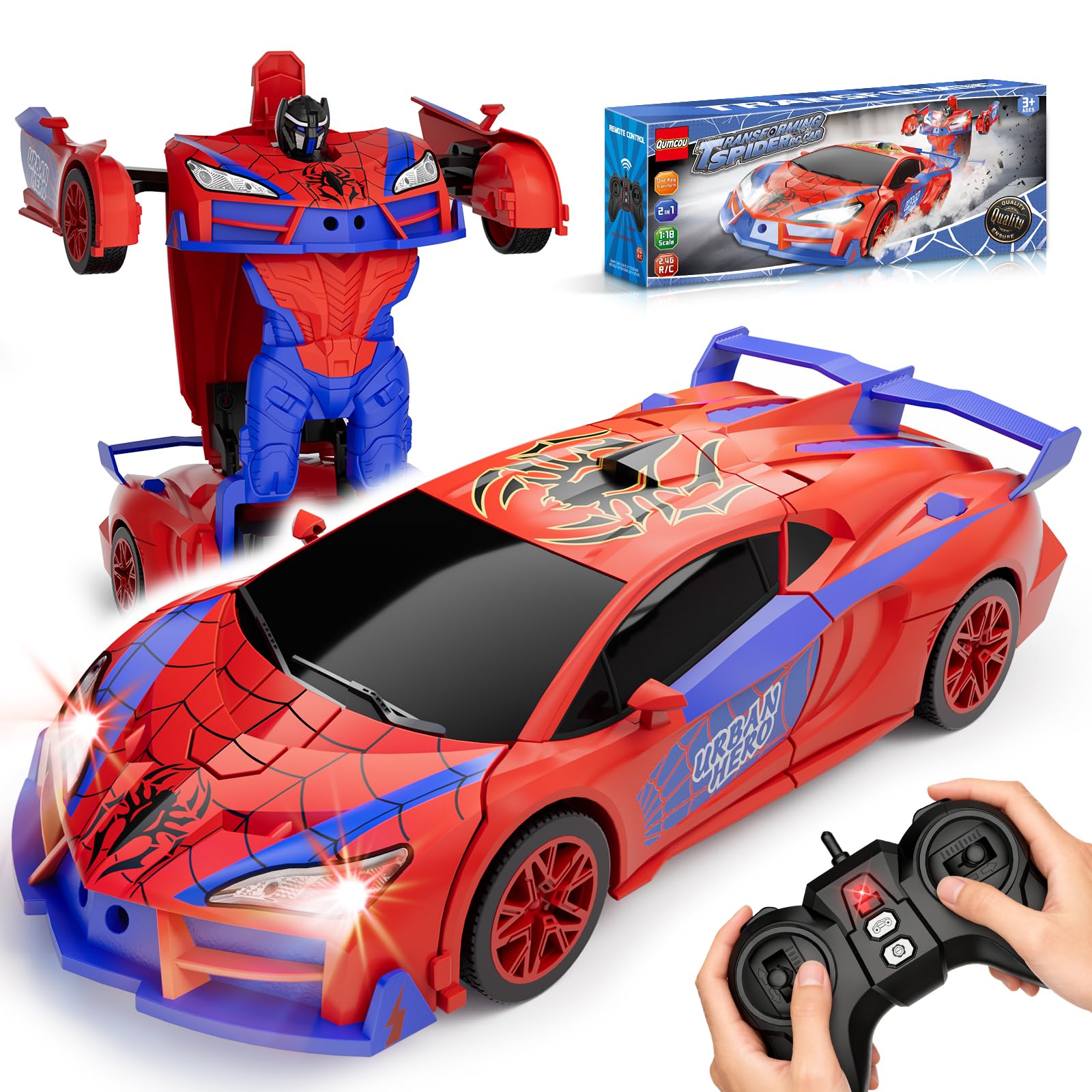 Qumcou Spider Toys, One-Button Transform Superhero Remote Control Car, 2.4Ghz RC Cars, 360° Spin 1:16 Scale Car Toys, Shining Red and Blue Light, Birthday Gifts for 3 4 5 6 7 8 9 10 Years Old Boys