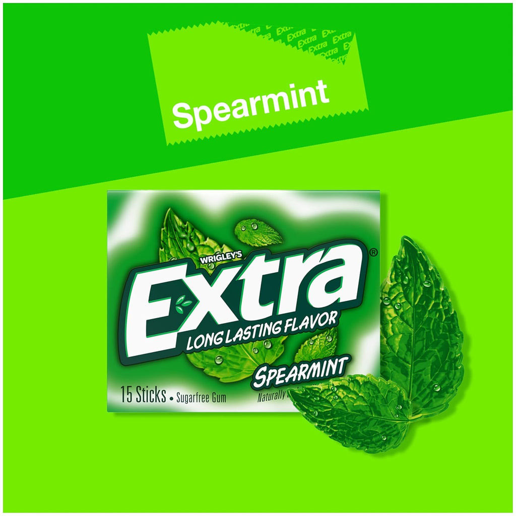 Extra Gum Spearmint Sugarfree Gum Bulk, Individually Wrapped, Perfect for Long Lasting Fresh Breath at School, Work & Travel 15 Count, Pack of 10