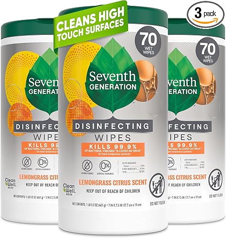 Seventh Generation Disinfecting Wipes, Lemongrass Citrus, 70 Count, 3 Pack, Botanical Multi-Surface Cleaner Kills 99.9% Germs, No Bleach, Plant-Based Formula for Home, Kitchen, Bathroom, Car Interior