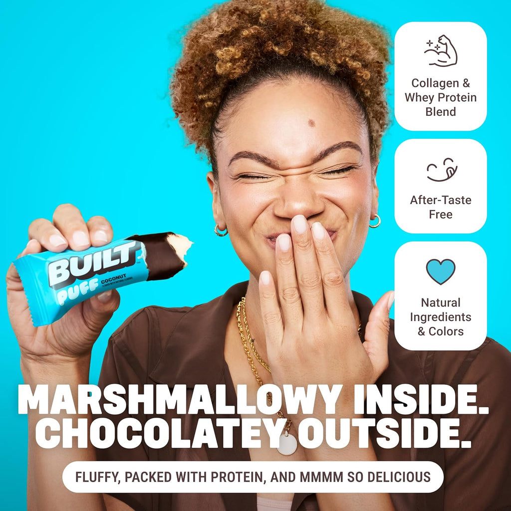 Built Bar, Puff Protein Bars, Coconut Puff, 17g Protein Snacks, On-The-Go Bars, Only 140 Calories, 6g Sugar, Collagen, Gluten Free, 12 Count