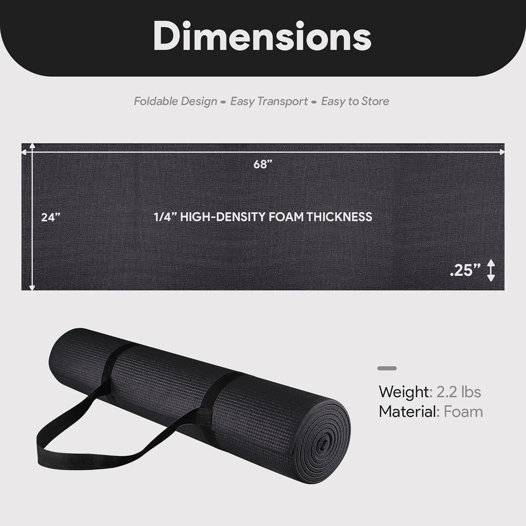 Fitvids All Purpose 1/4-Inch High Density Anti-Tear Exercise Yoga Mat with Carrying Strap, Multiple Colors