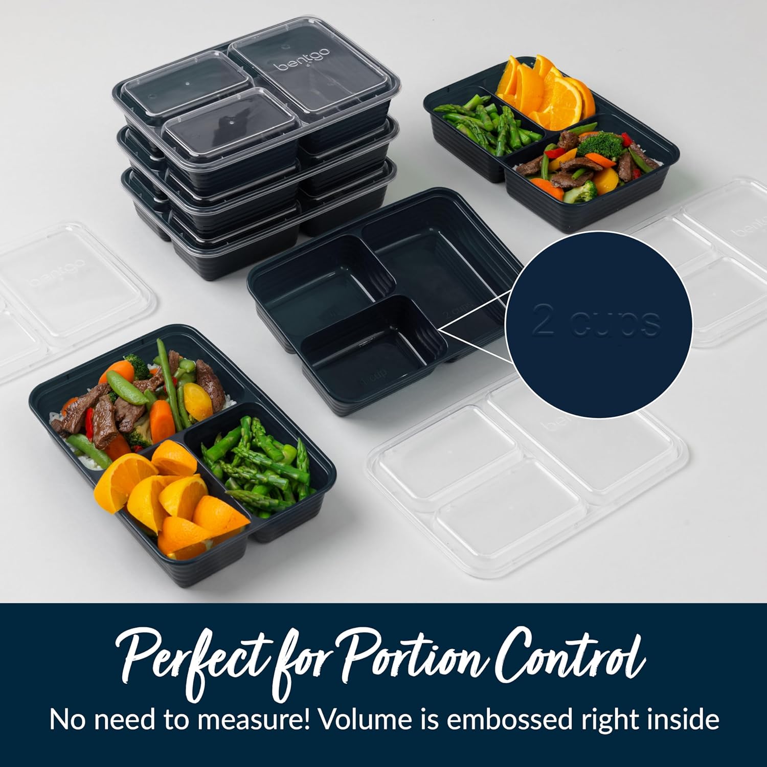 Bentgo Prep - 20-Piece 3-Compartment Reusable Meal Prep Containers with Lids, PFAS & BPA Free Materials, Durable, Microwave, Freezer, & Dishwasher Safe To Go Food Storage (Navy Blue)