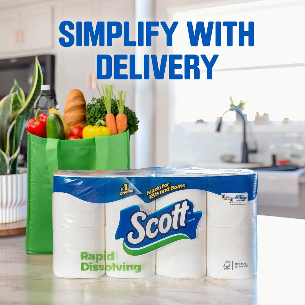 Scott Rapid-Dissolving Toilet Paper, 48 Double Rolls (6 Packs of 8), Sustainable, Septic-Safe, Toilet Paper